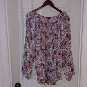 Chaps Paisley Peasant Blouse 1X Cream Gray Wine Red Black 1 Button Gathered Neck